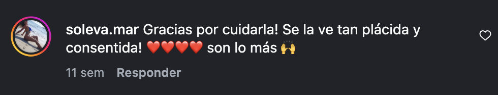 Comentario de Instagram de soleva.mar: Gracias por cuidarla! Se la ve tan plácida y consentida! Son lo más